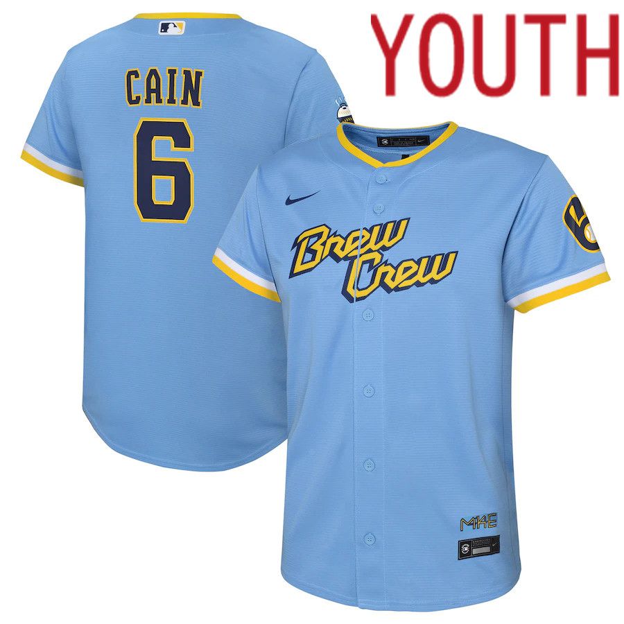 Custom Youth Milwaukee Brewers 6 Lorenzo Cain Nike Powder Blue 2022 City Connect Replica Player MLB Jersey